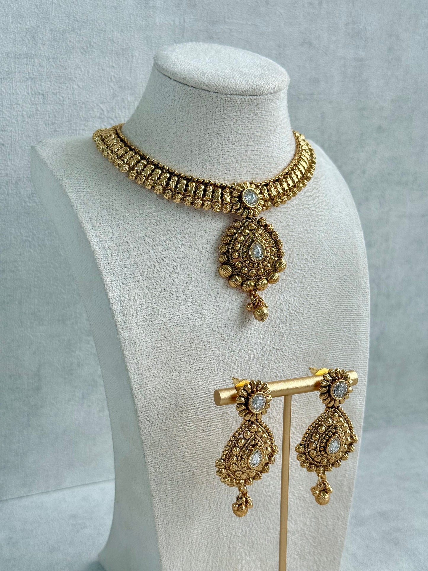 Ayura Designs Ayma Necklace Set with Earrings – Antique Gold Finish with All-Crystal Detailing