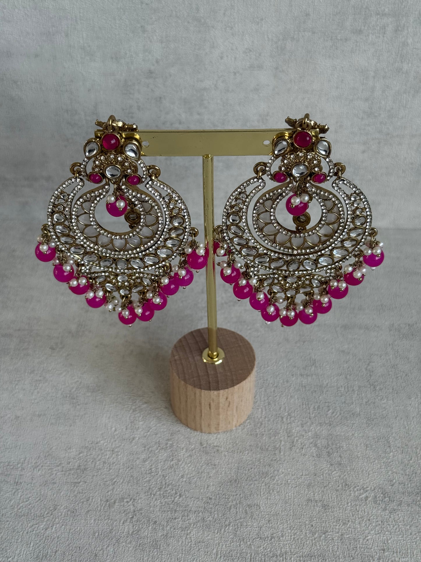 Ayura Designs Rabia Chandbalis – Antique Gold Kundan Earrings with Fuchsia Beads, Pearls & Attached Sahare