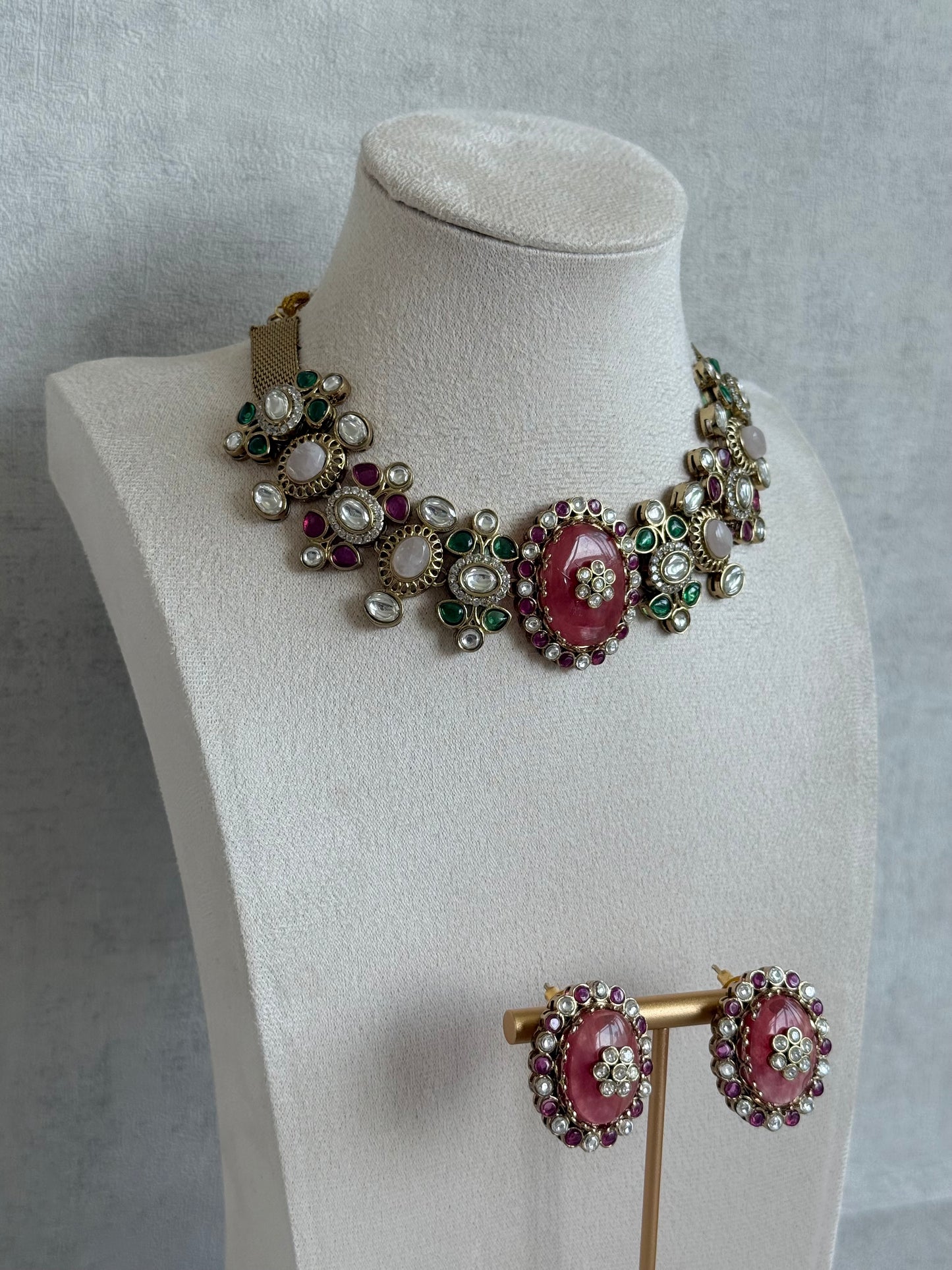 Ayura Designs Nova Necklace Set with Stud Earrings – Rose Pink Centre Stone, Kundan Detailing & Multicolour Gemstone Accents