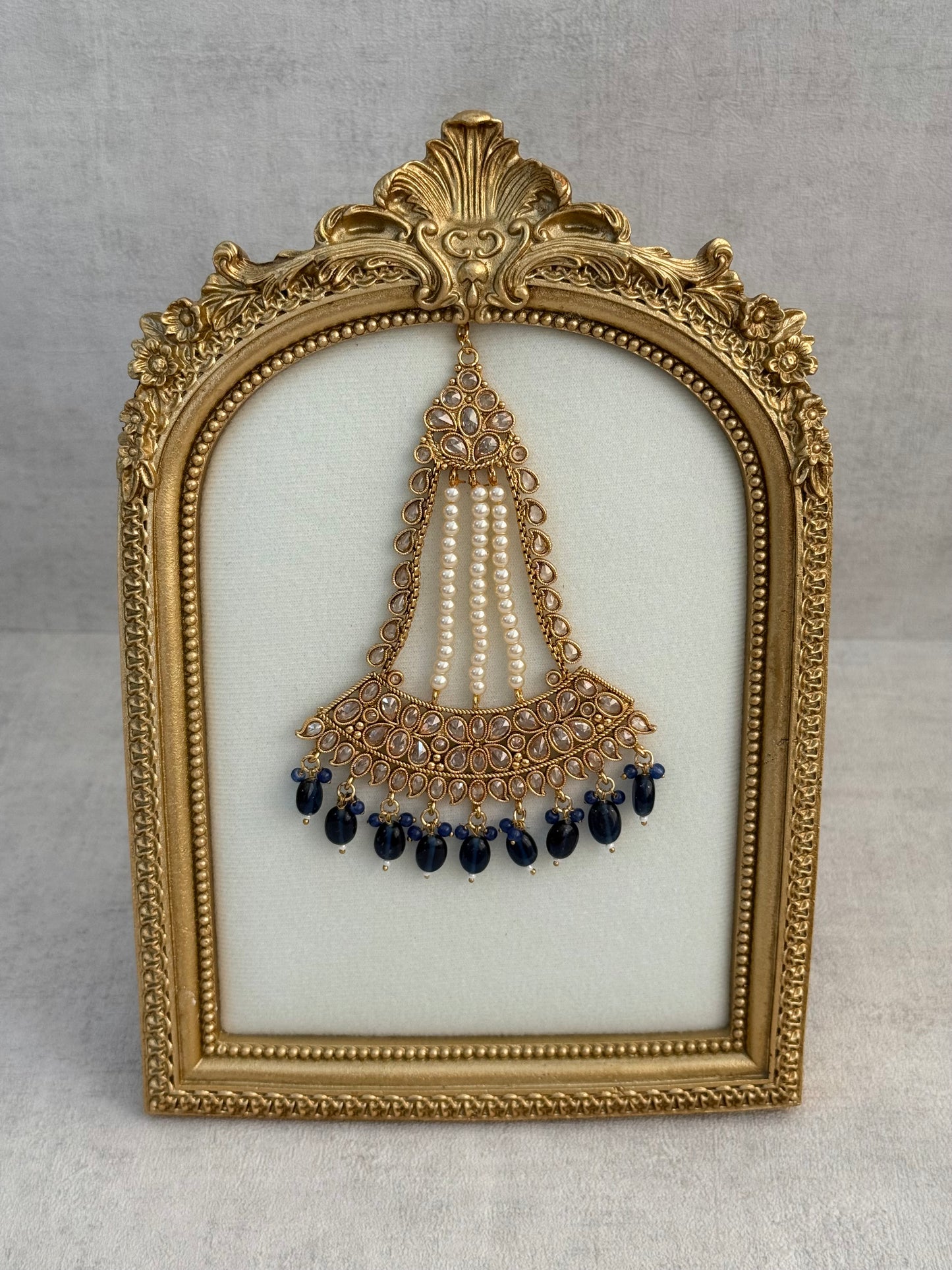 Ayura Designs Ramzi Jhoomar Passa – Antique Gold with Kundan Detailing, Pearl Strands & Ink Blue Drops