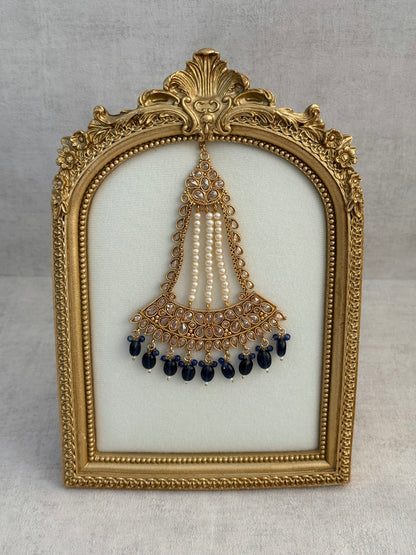 Ayura Designs Ramzi Jhoomar Passa – Antique Gold with Kundan Detailing, Pearl Strands & Ink Blue Drops