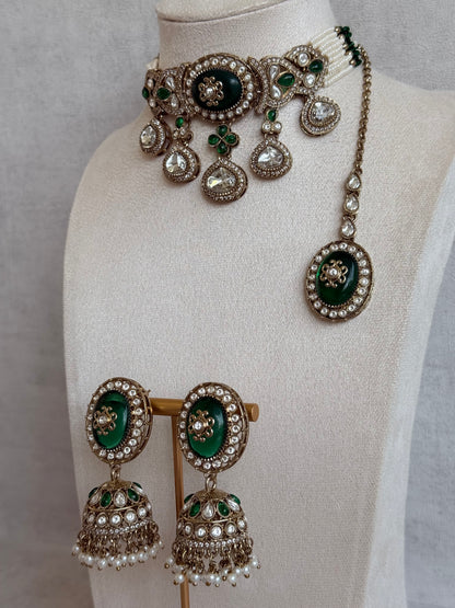 Ayura Designs Myra Choker Set with Earrings & Tikka – Emerald Green Kundan & Pearl Detailing
