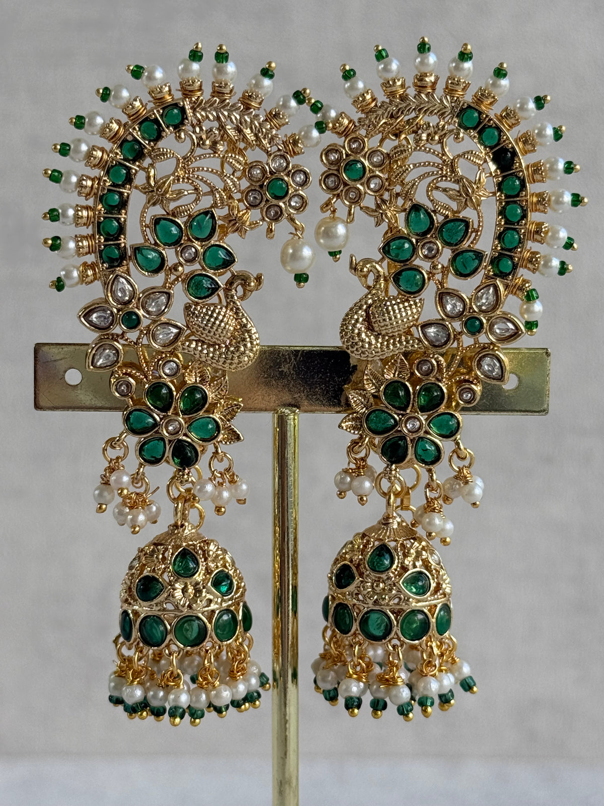 Ayura Designs Nitya Kaanphool Jhumkis – Gold Peacock Motifs, Emerald Green Kundan & Pearl Drops with Attached Sahare