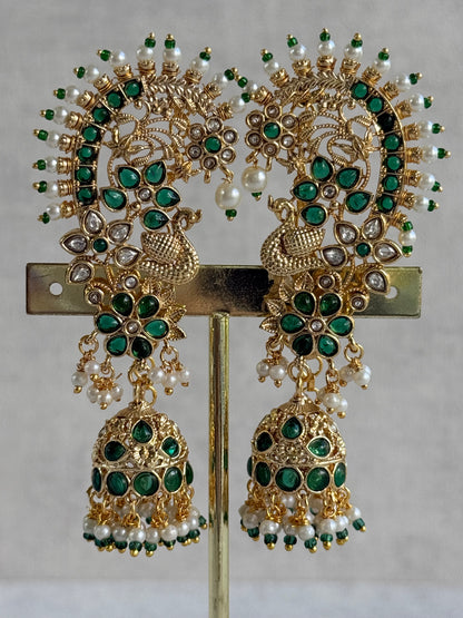 Ayura Designs Nitya Kaanphool Jhumkis – Gold Peacock Motifs, Emerald Green Kundan & Pearl Drops with Attached Sahare