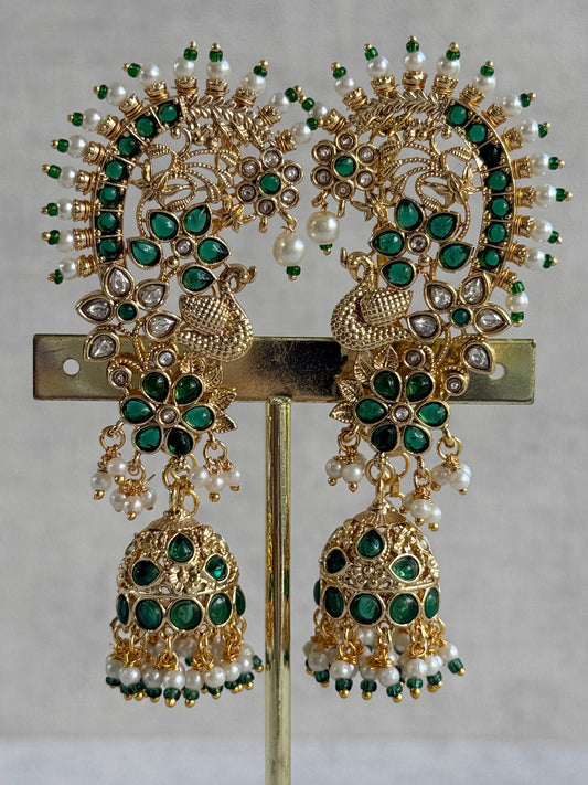 Ayura Designs Nitya Kaanphool Jhumkis – Gold Peacock Motifs, Emerald Green Kundan & Pearl Drops with Attached Sahare