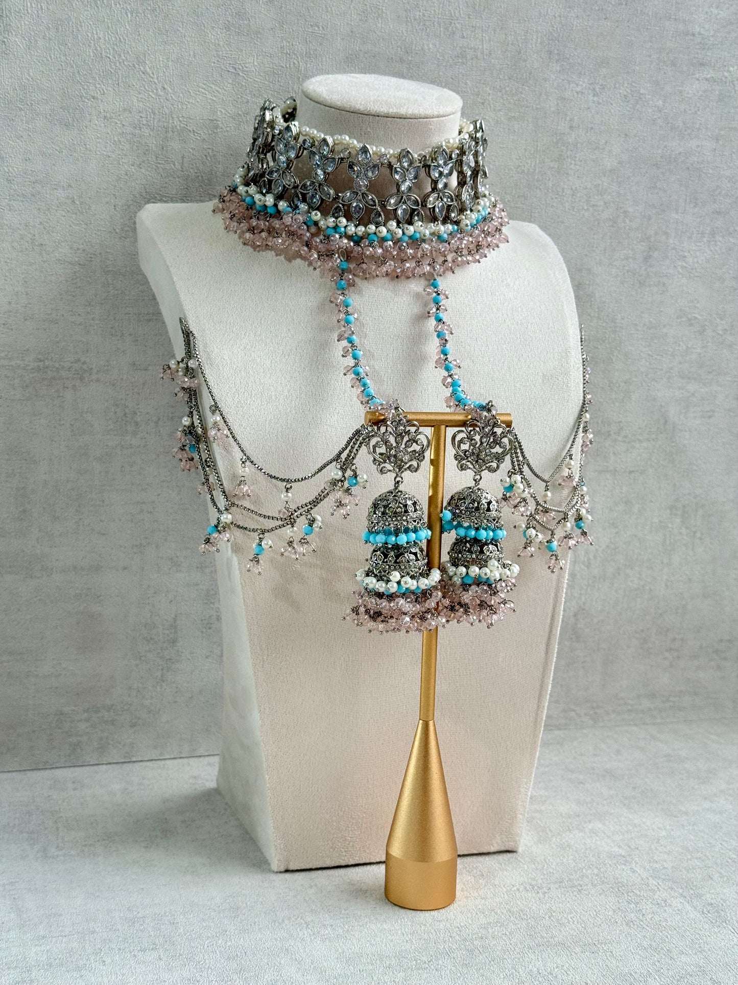 Ayura Designs Arasi Set with Choker, Passa, Tikka & Sahare Jhumkis – Antique Silver with Blush Pink Crystals, Aqua Blue Beads & Ivory Pearls