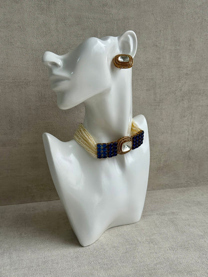 Ayura Designs Emma Choker Set – Sapphire Blue Gemstone Choker & Studs with Mirror-Cut Centrepiece, Pearl Strands & Crystal Borders