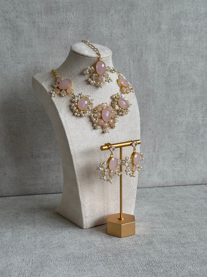 Ayura Designs Parisa Set with Tikka & Earrings – Rose Quartz, Crystals & Pearls