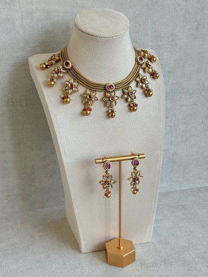Ayura Designs Daksha Necklace Set with Earrings – Gold Layered Chain Necklace with Ruby Pink Kundan Floral Motifs