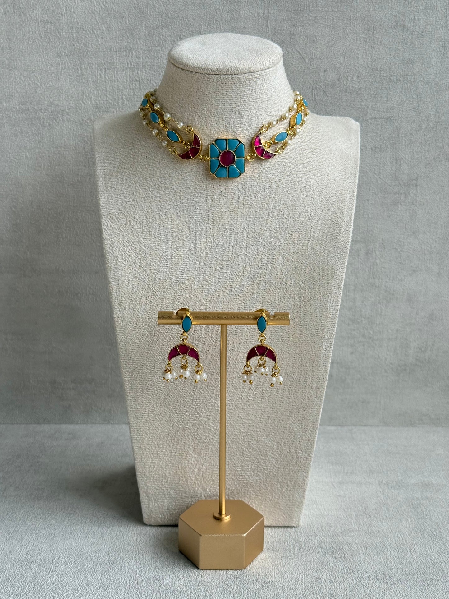 Ayura Designs Mahi Choker Set with Earrings – Meenakari Kundan Turquoise Blue & Hot Pink Detailing