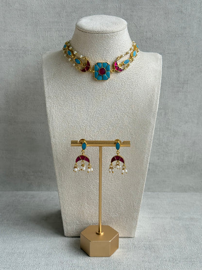 Ayura Designs Mahi Choker Set with Earrings – Meenakari Kundan Turquoise Blue & Hot Pink Detailing