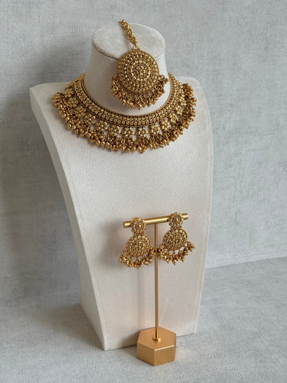 Ayura Designs Darya Necklace Set with Earrings & Tikka – Floral Antique Gold Statement Set with Ghungroo Detailing