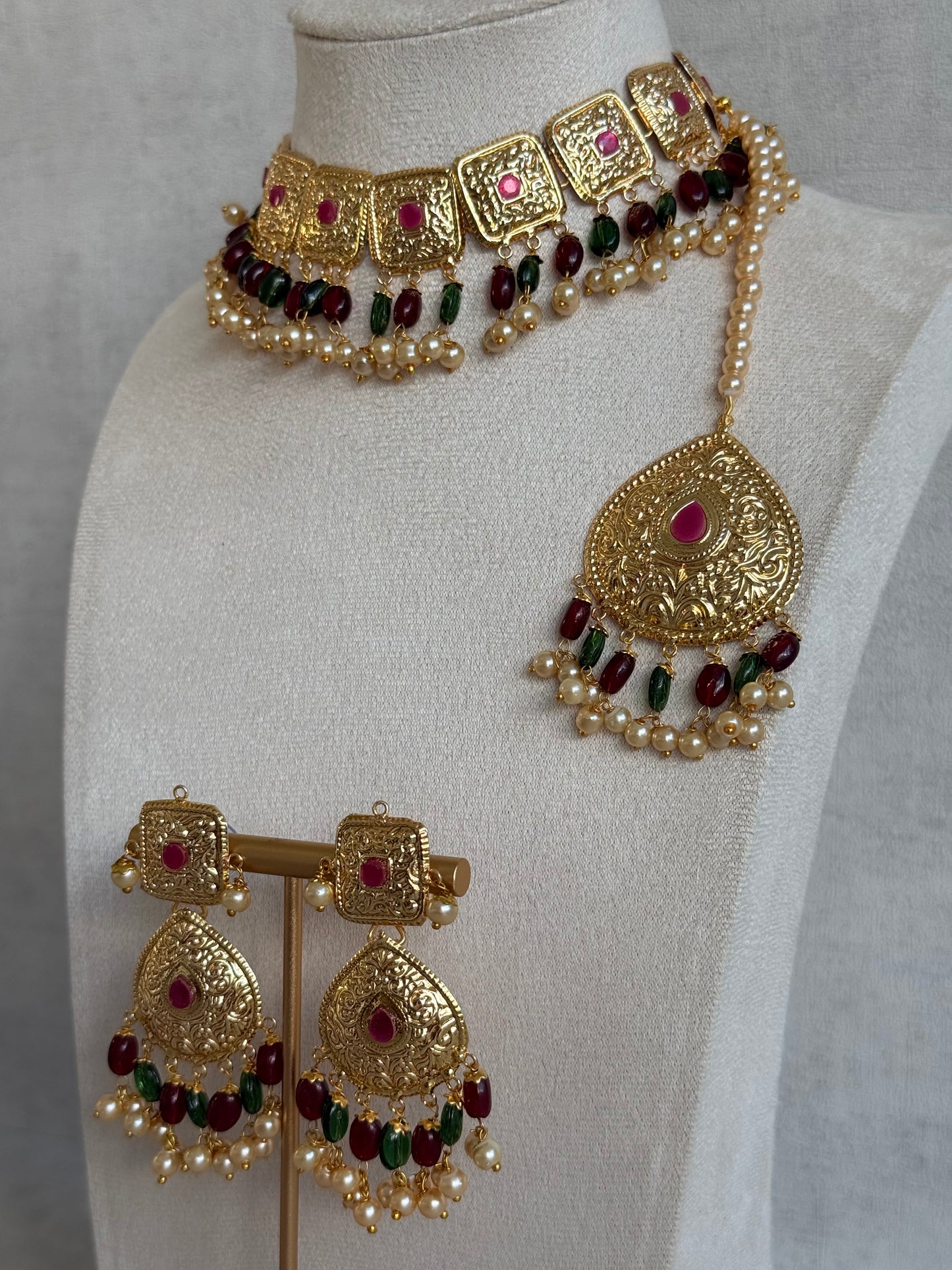 Ayura Designs Chetna Choker Set with Earrings & Tikka – Maroon & Emerald Green Beads, Cream Pearl Drops with Pipal Patti Detailing