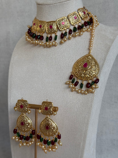 Ayura Designs Chetna Choker Set with Earrings & Tikka – Maroon & Emerald Green Beads, Cream Pearl Drops with Pipal Patti Detailing