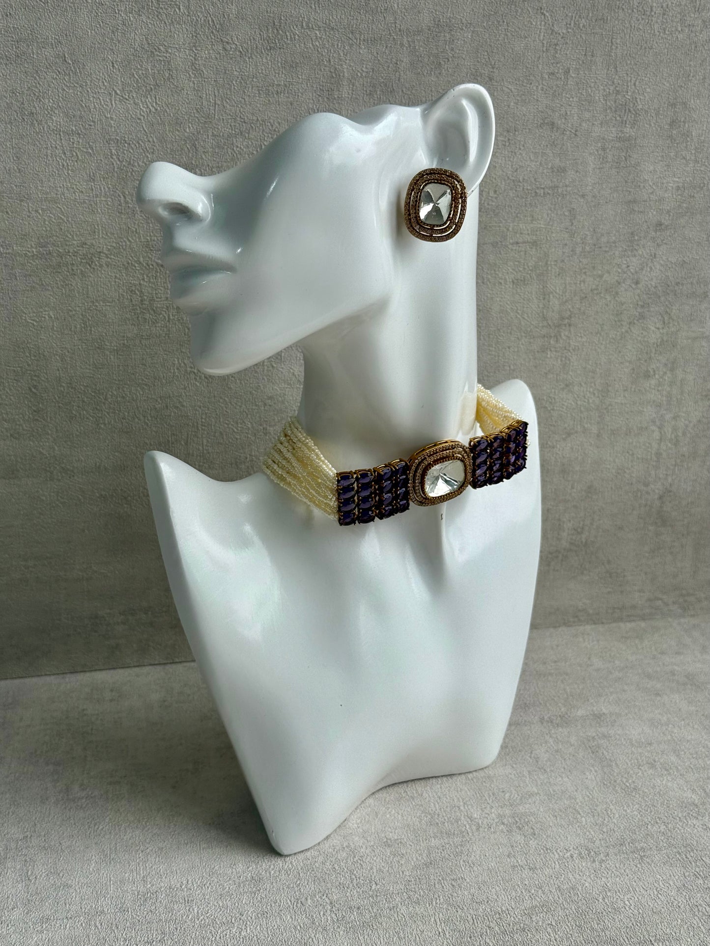 Ayura Designs Emma Choker Set – Deep Violet Gemstone Choker & Studs with Mirror-Cut Centrepiece, Pearl Strands & Crystal Borders
