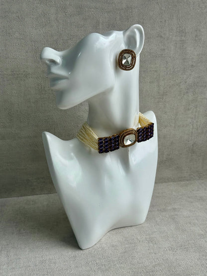Ayura Designs Emma Choker Set – Deep Violet Gemstone Choker & Studs with Mirror-Cut Centrepiece, Pearl Strands & Crystal Borders