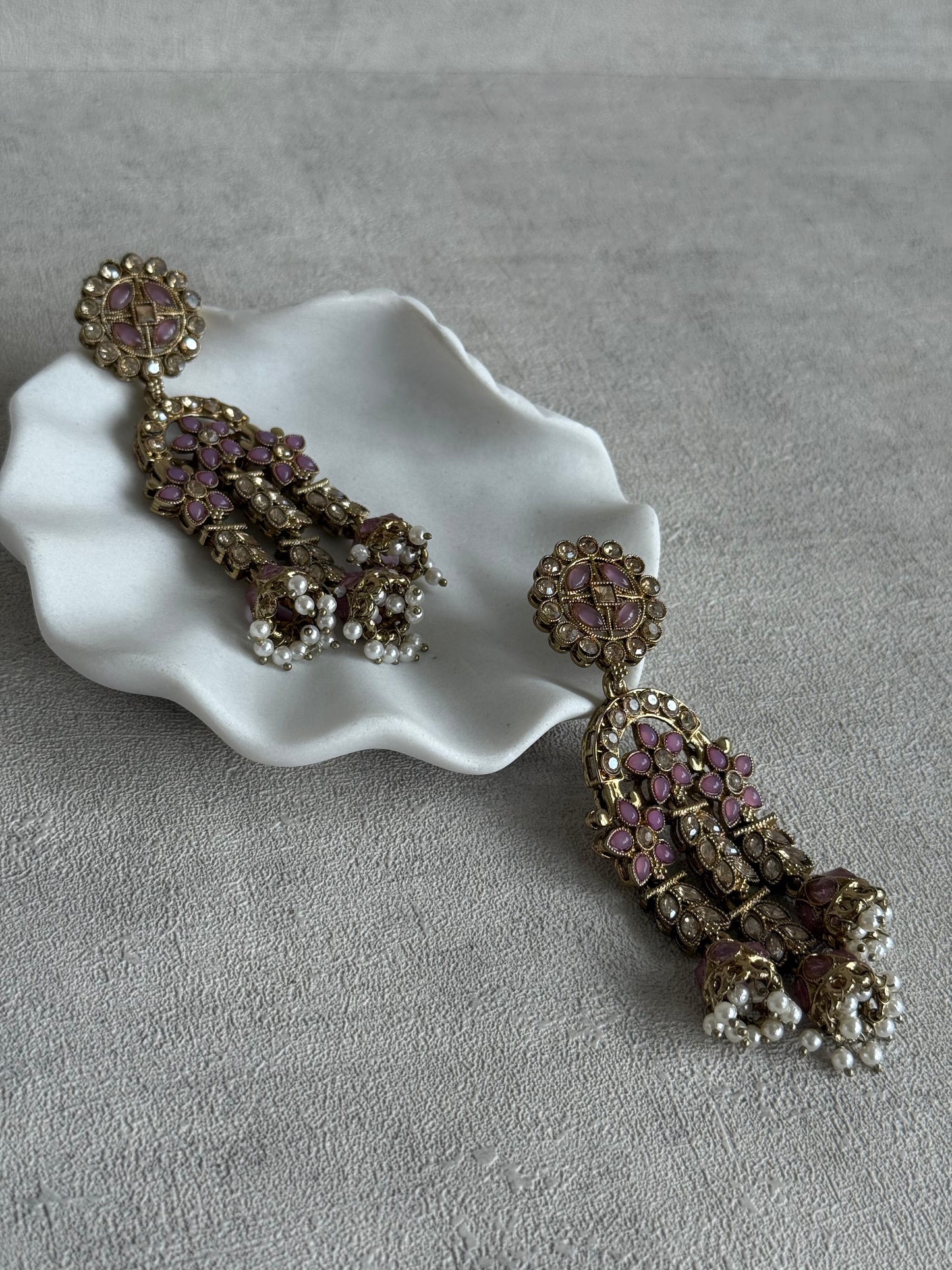 Ayura Designs Soraya Earrings – Lilac Stones, Champagne Crystals, Pearl Detailing & Gold Finish