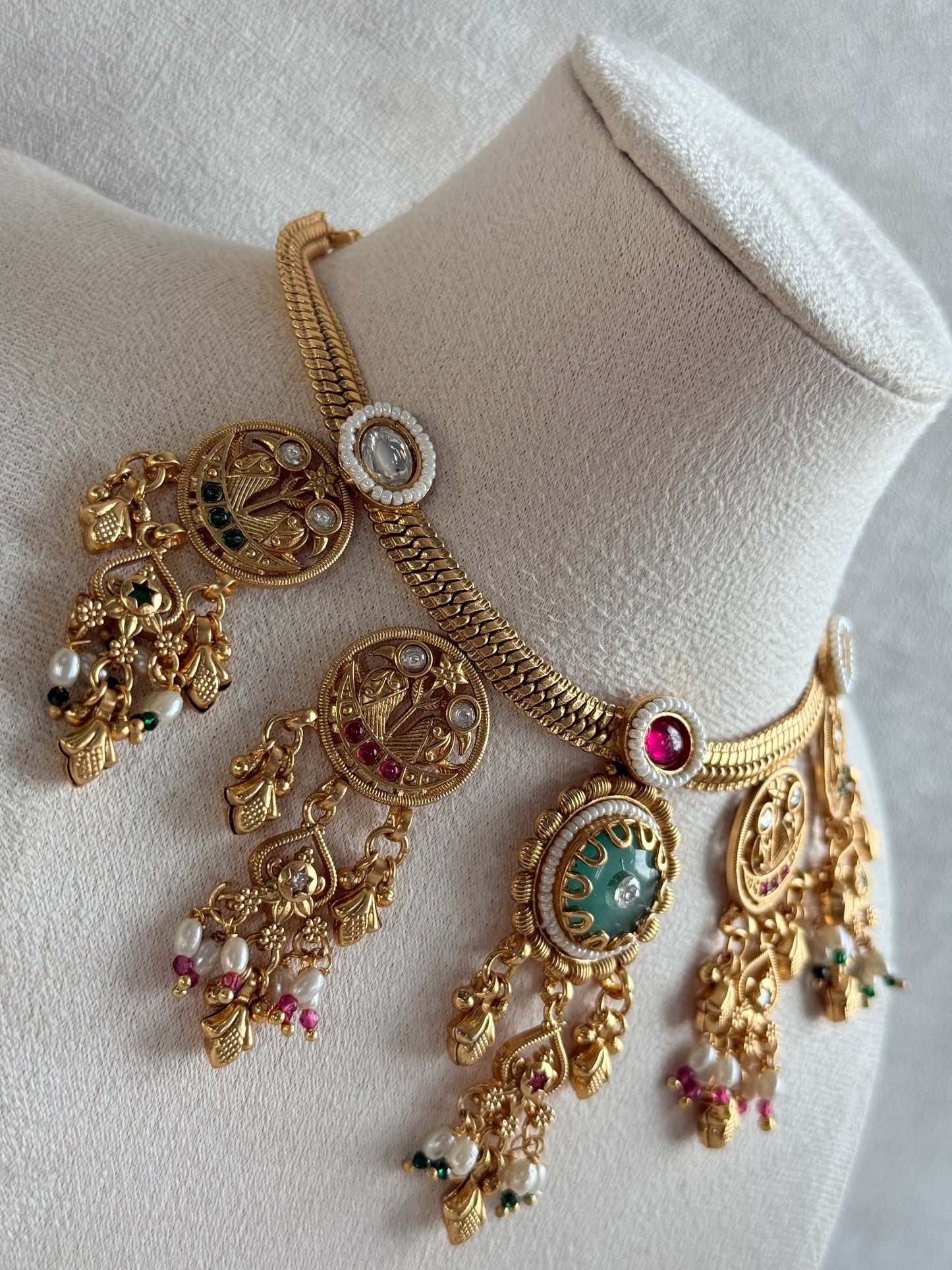 Ayura Designs Parchhai Necklace Set with Earrings – Mint Green, Ruby Red & Emerald Green Stones, Bird Motifs & Pearl Detailing