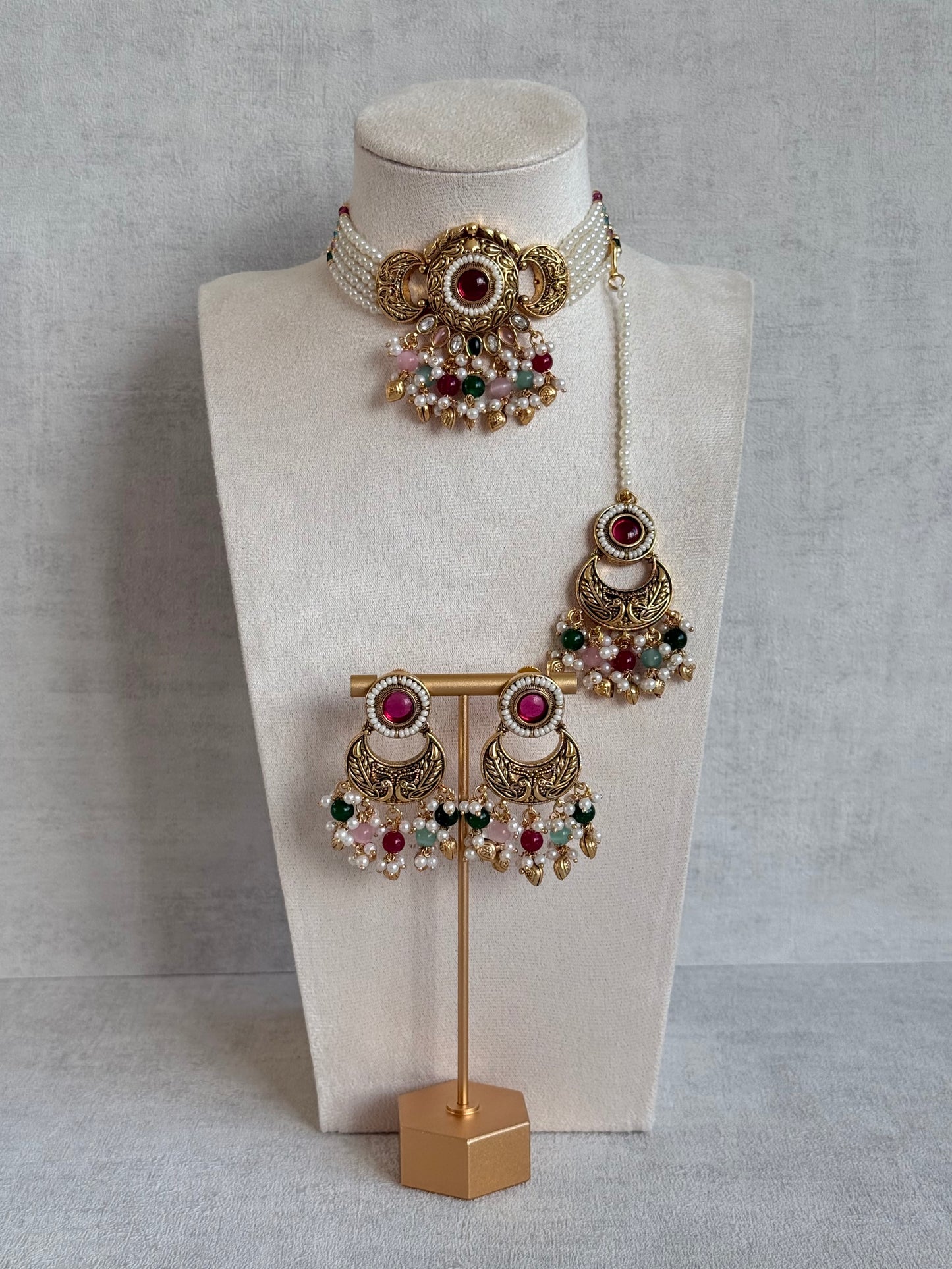 Ayura Designs Mehr Choker Set with Earrings & Tikka – Multicolour Beads, Ruby Pink Centre Stones, Pearl Strands & Antique Gold Finish