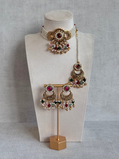 Ayura Designs Mehr Choker Set with Earrings & Tikka – Multicolour Beads, Ruby Pink Centre Stones, Pearl Strands & Antique Gold Finish