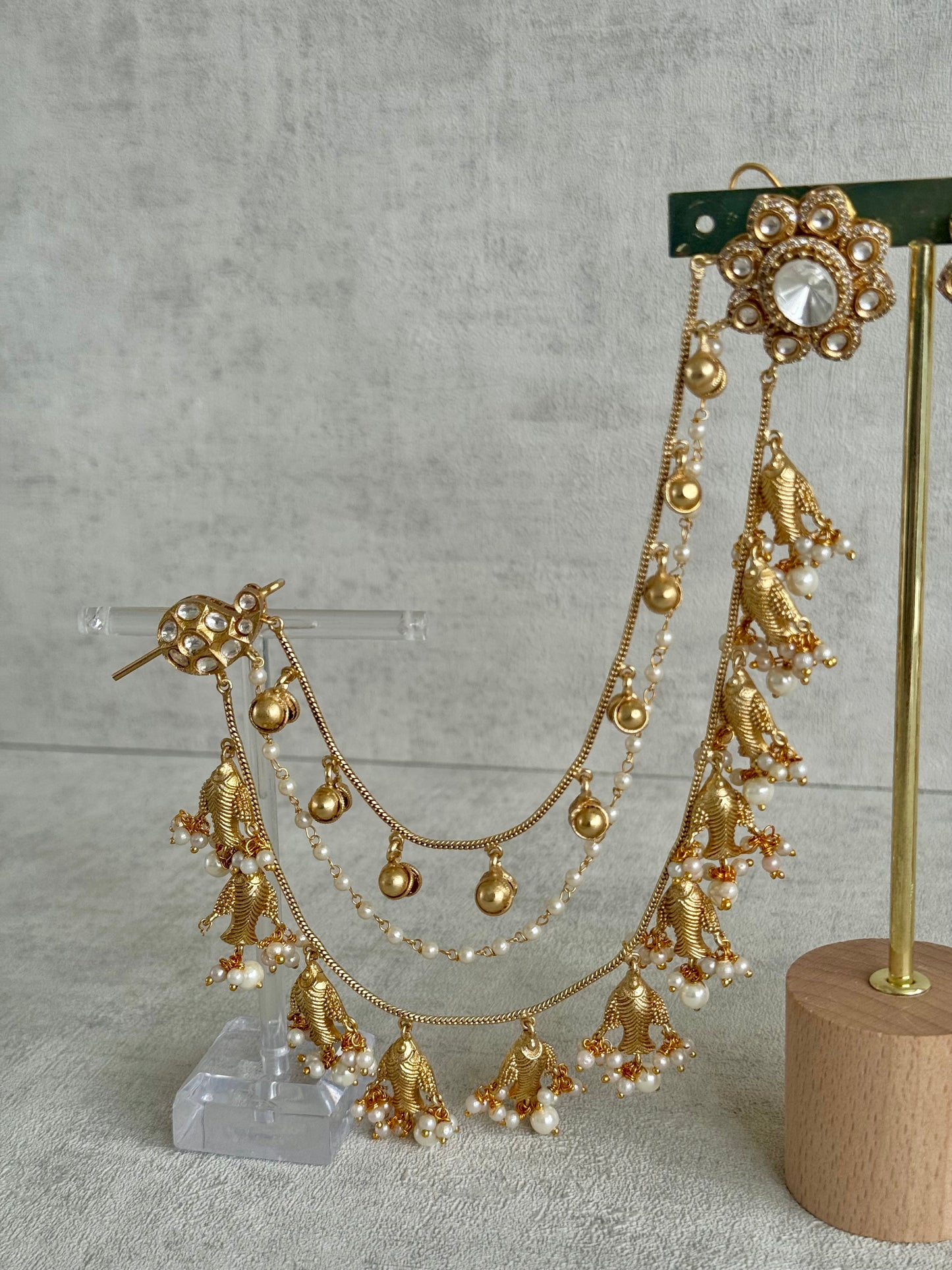 Ayura Designs Kohsar Earrings with Sahare – Mirror-Cut Studs, Fish Motifs & Pearl Detailing in Antique Gold