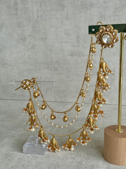 Ayura Designs Kohsar Earrings with Sahare – Mirror-Cut Studs, Fish Motifs & Pearl Detailing in Antique Gold