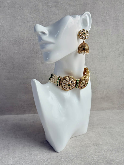 Ayura Designs Tanu Choker Set – Antique Gold Choker & Jhumkis with Ruby & Emerald Kundan and Pearl Borders