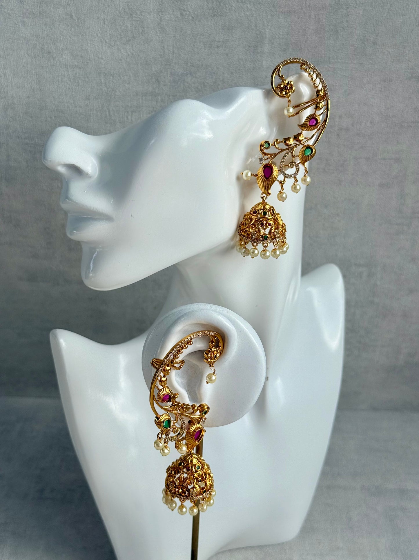 Ayura Designs Nalini Jhumkis – Gold Half Ear Cuffs with Multicolour Stone Accents, Crystal Detailing & Pearl Jhumka Drops
