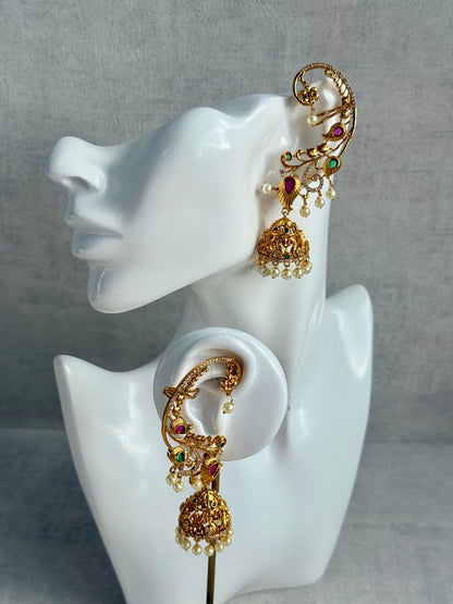 Ayura Designs Nalini Jhumkis – Gold Half Ear Cuffs with Multicolour Stone Accents, Crystal Detailing & Pearl Jhumka Drops