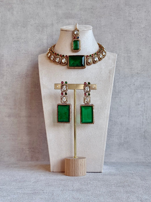 Ayura Designs Clara Set with Earrings & Tikka Emerald Green Moissanite Stones and Antique Gold Finish