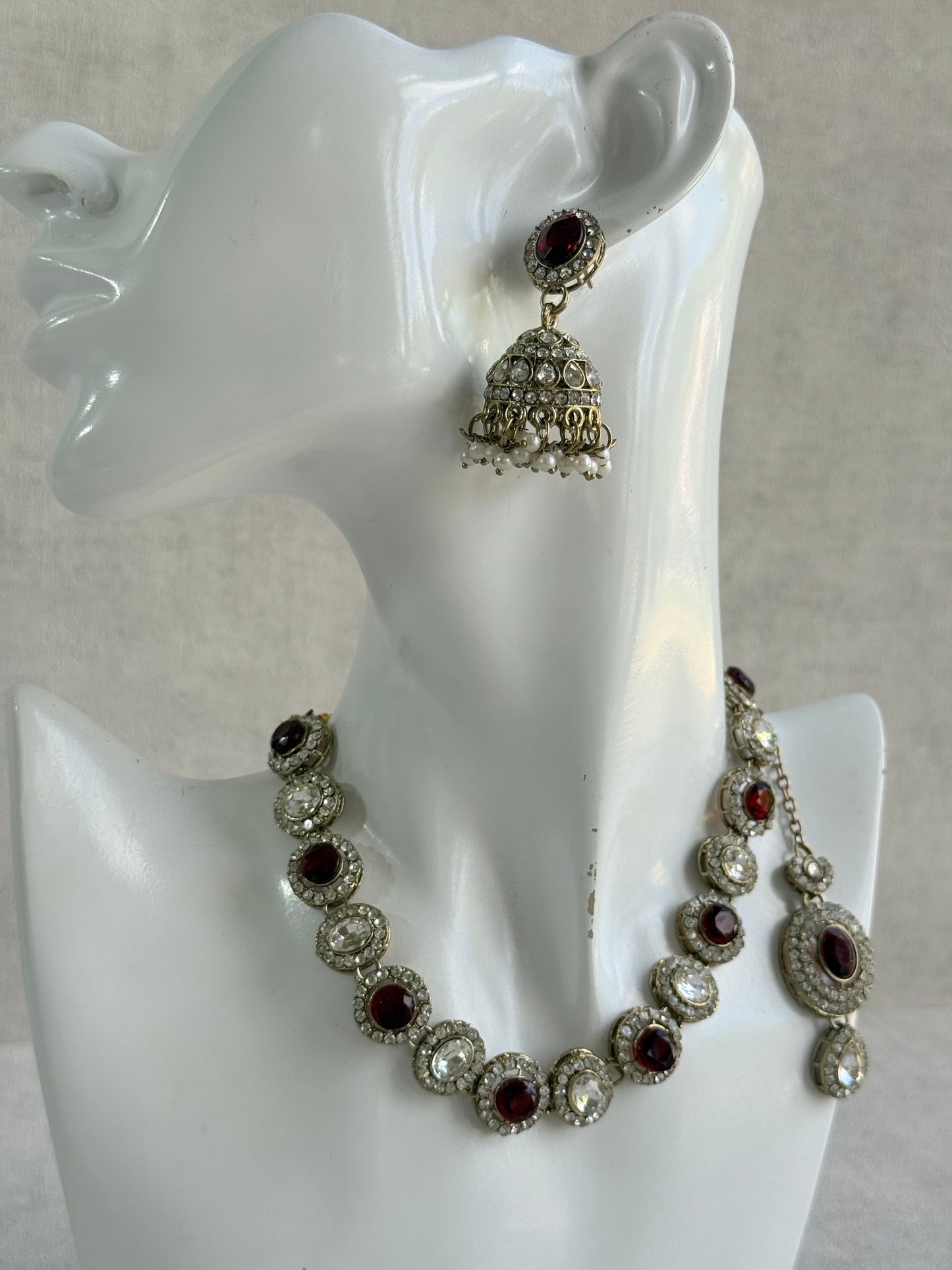 Ayura Designs Eira Necklace Set with Earrings & Tikka – Ruby Red & Crystal Stones with Antique Gold Finish