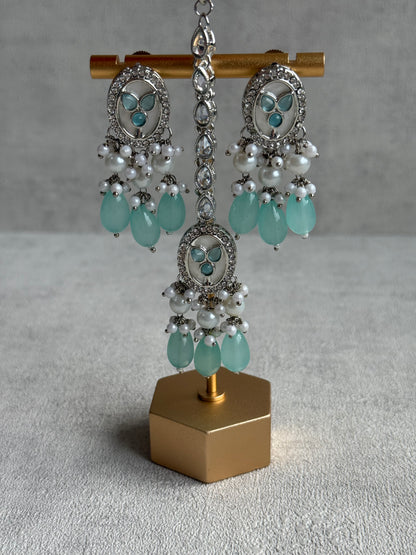 Ayura Designs Linza Set – Necklace, Earrings & Tikka in Aqua Blue & Pearl with Silver Finish