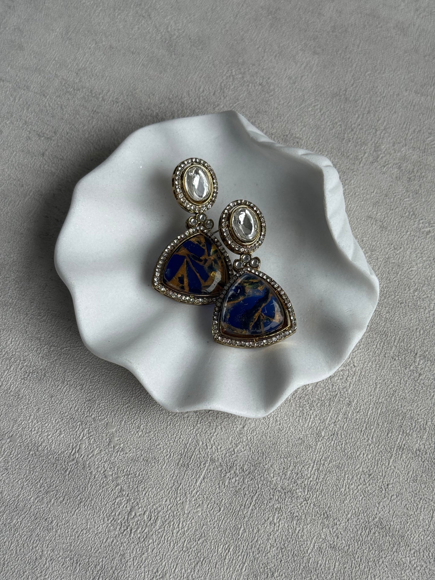 Ayura Designs Florence Earrings – mirror cut studs with Deep Ink Blue Marble Resin & Crystal Borders