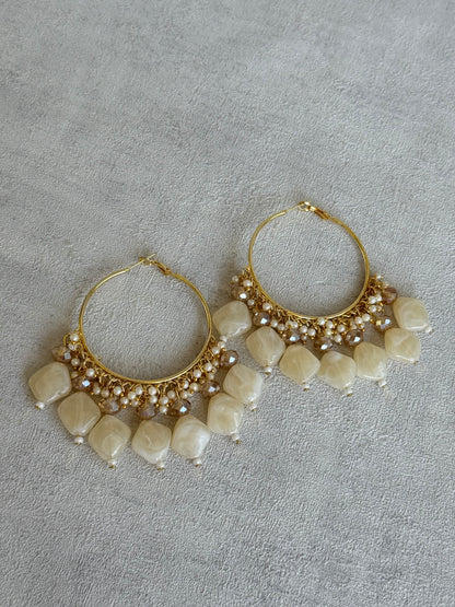 Ayura Designs Heer Balis – Gold Hoops with Ivory Pearl Marble Beads, Pearls & Crystal Detailing