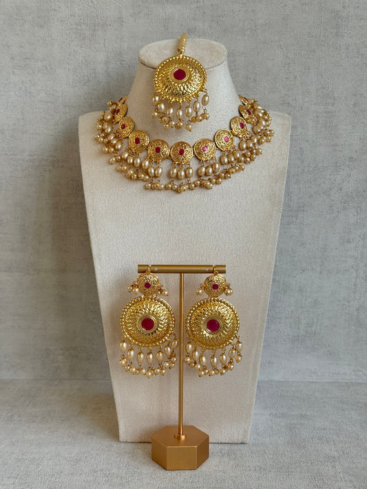 Ayura Designs Jyoti Set with Earrings & Tikka – Gold Disc Necklace with Ruby Pink & Pearl Detailing
