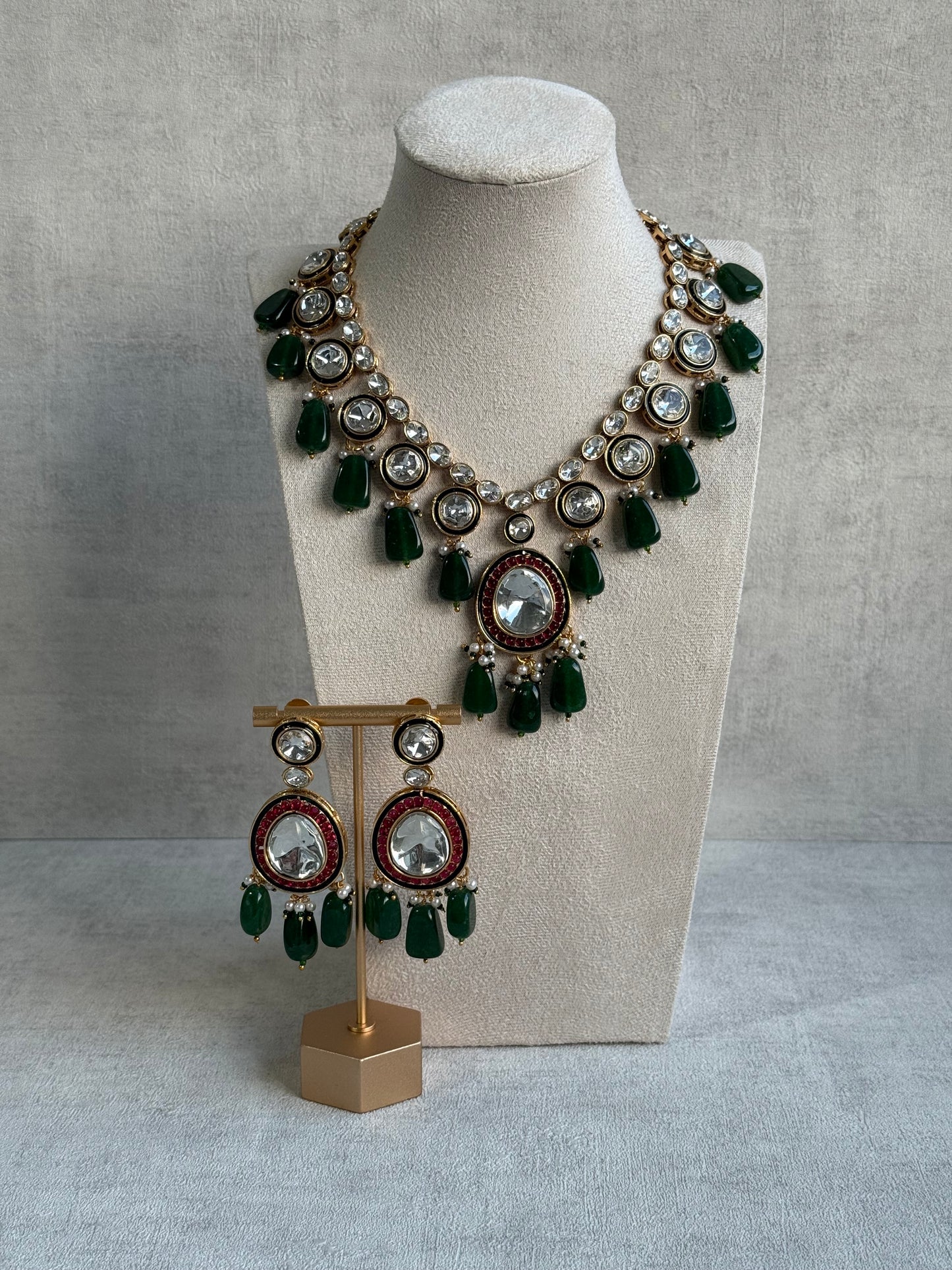 Ayura Designs Emaanat Set with Necklace & Earrings – Ruby & Emerald Accents, Polki Kundan & Antique Gold Finish