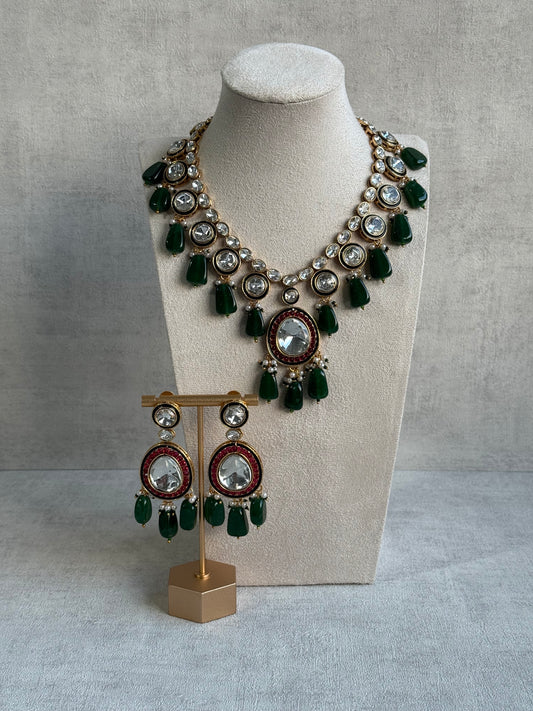 Ayura Designs Emaanat Set with Necklace & Earrings – Ruby & Emerald Accents, Polki Kundan & Antique Gold Finish