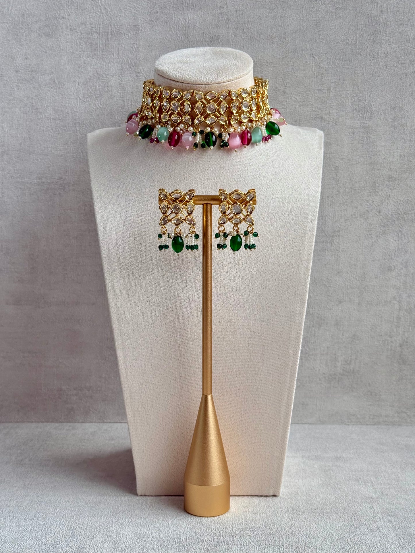 Ayura Designs Navya Choker Set with Earrings – Gold Finish with Moissanite Stones, Lattice Design, Emerald Beads & Pearl Detailing
