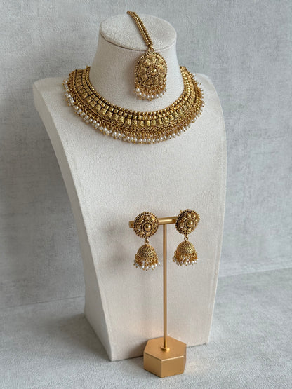 Ayura Designs Iksirat Necklace Set with Jhumkis & Tikka – Gold Heritage Design with Pearl Detailing