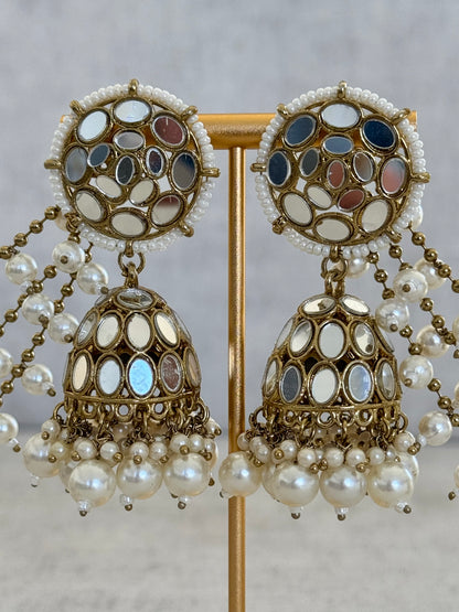 Ayura Designs Aaina Jhumkis with Sahare – Antique Gold Mirror Work & Pearl Earrings