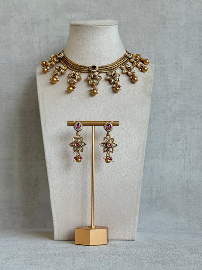 Ayura Designs Daksha Necklace Set with Earrings – Gold Layered Chain Necklace with Ruby Pink Kundan Floral Motifs