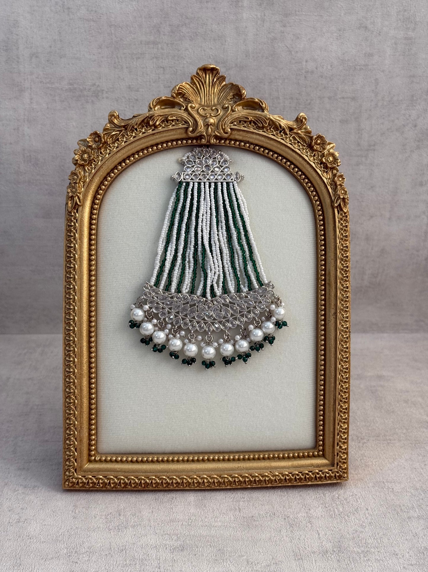 Ayura Designs Ash Jhoomar Passa – Emerald Green Beads with Mirror Cut Stones & Silver Finish
