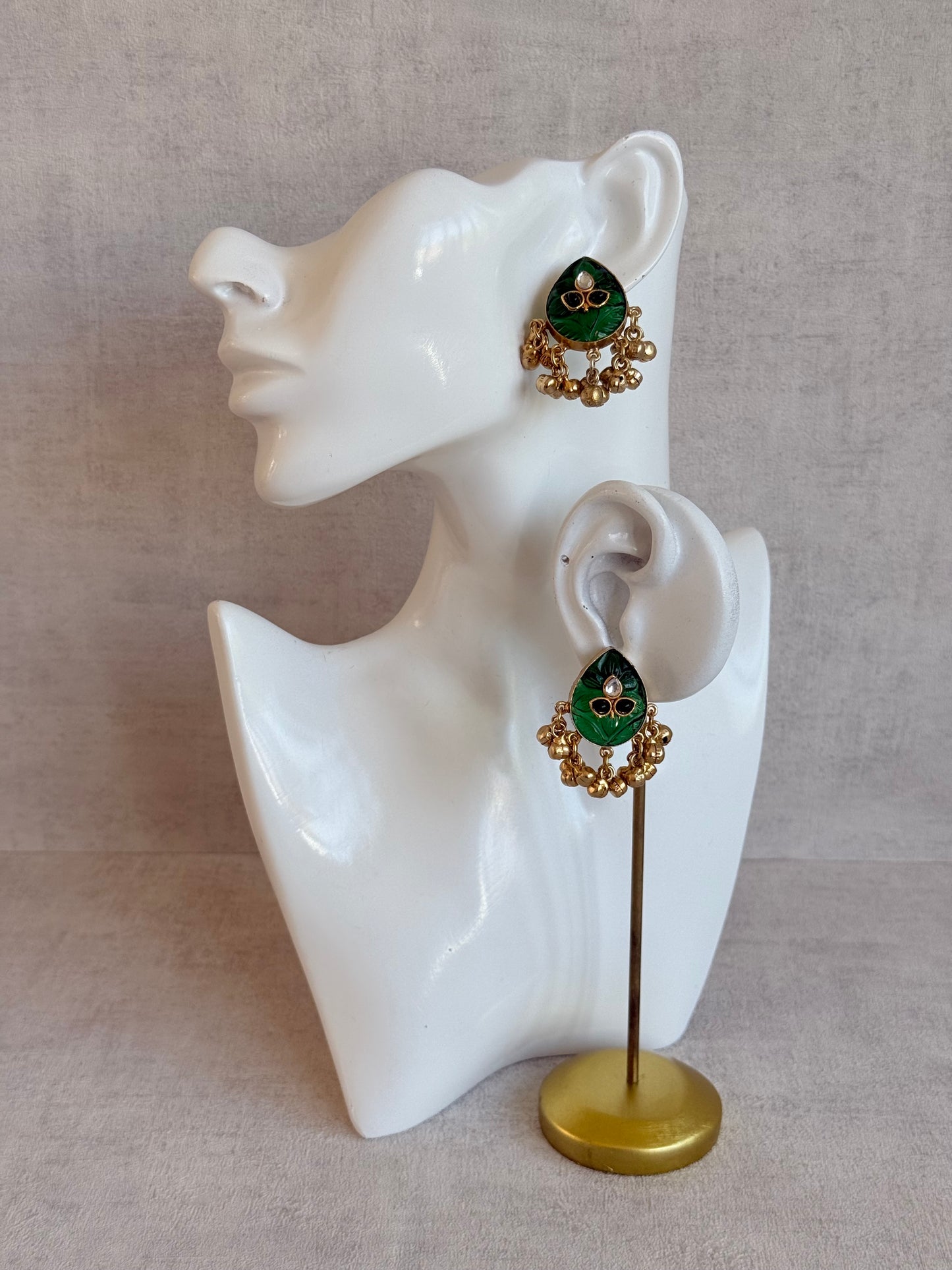 Ayura Designs Aykai Earrings – Emerald Green Carved Teardrop Stud Earrings with Clear Kundan Stones and Gold Ghungroo Drops