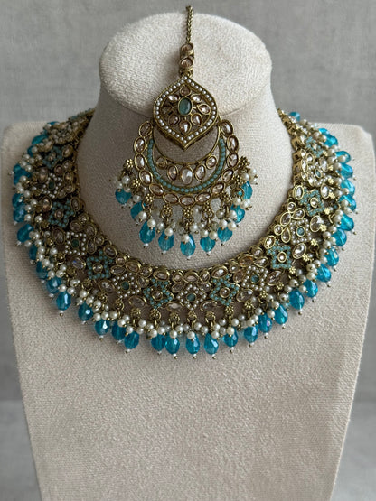 Ayura Designs Azka Set – Necklace, Earrings & Tikka with Turquoise Blue Beads, Ivory Pearls & Champagne Gold Finish