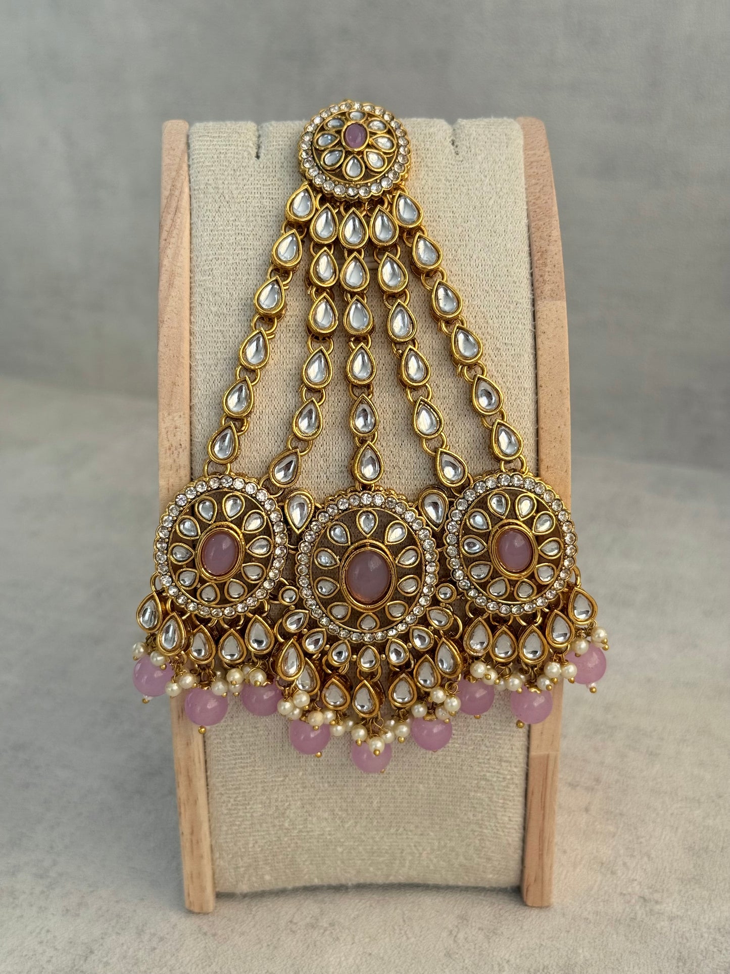 Ayura Designs Zara Set with Necklace, Earrings, Tikka & Passa – Antique Gold with Kundan Detailing & Lilac Stones & Beads