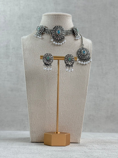 Ayura Designs Gauri Choker Necklace Set with Earrings & Tikka – Mint Green, Turquoise Blue & Crystal Stones with Oxidised Silver Finish