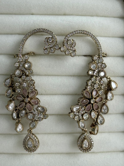 Ayura Designs Aksara Kaanphool Earrings – Blush Pink Stones, Kundan, Crystals & Antique Gold Finish