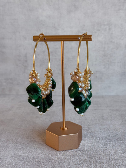 Ayura Designs Heer Balis – Gold Hoops with Forest Green Marble Beads, Pearls & Crystal Detailing