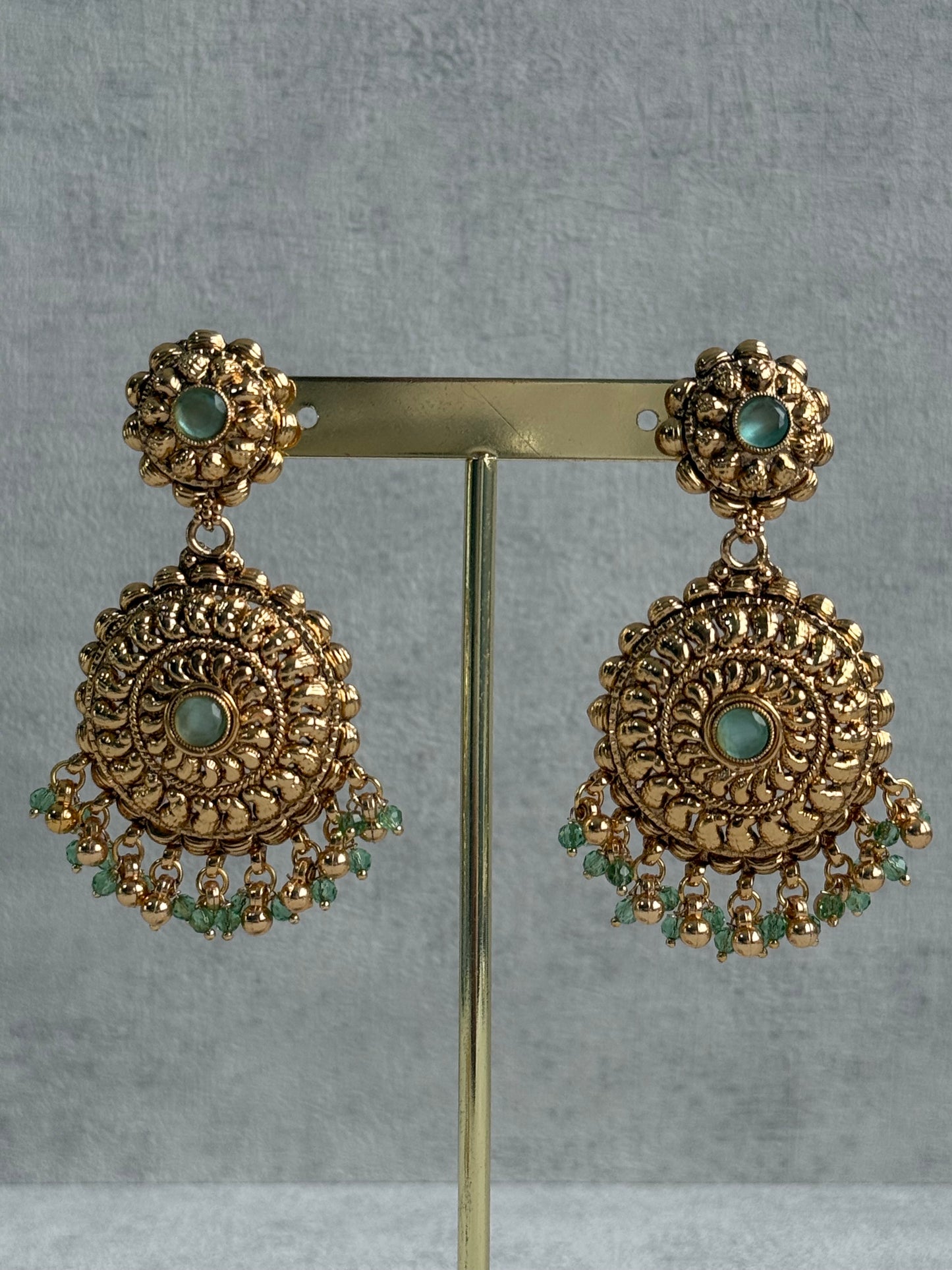 Ayura Designs Rummy Set – Statement Necklace, Earrings & Tikka with Pistachio Green Beads and Polished Gold Finish