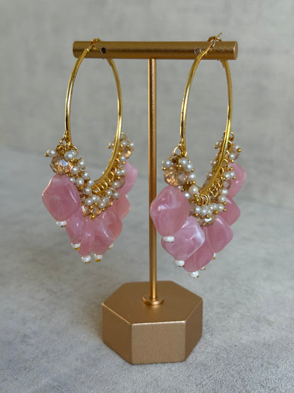 Ayura Designs Heer Balis – Gold Hoops with Baby Pink Marble Beads, Pearls & Crystal Detailing